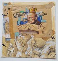 ``Der K&ouml;nig malt..! ;Aquarell und Holzbuntstifte auf verschiedenen Briefkuverts ; 28 x28 cm ; 2012